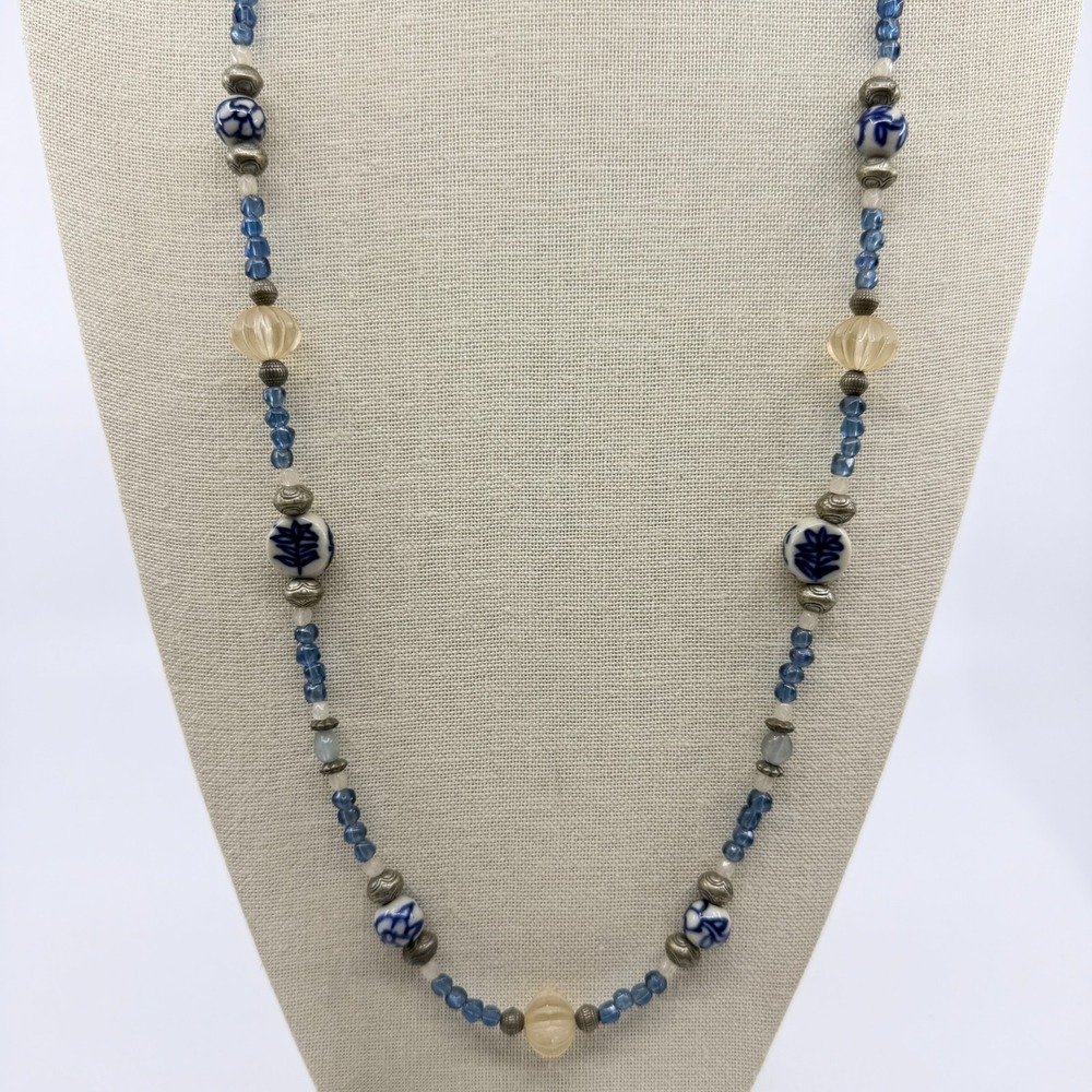 Blue White Porcelain Floral Bead Necklace Carved Acrylic Boho Statement Gift